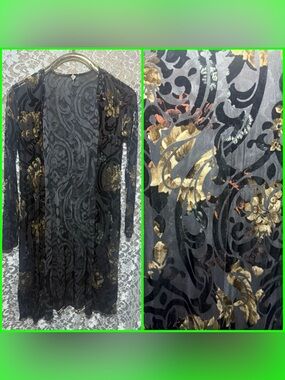 Black Sheer Velvet Burnout duster cardigan tan/Gold red Floral paisley pattern S
